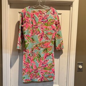 Lilly Pulitzer Vibrant Pink & Aqua Leaf-Print Shift Dress, M